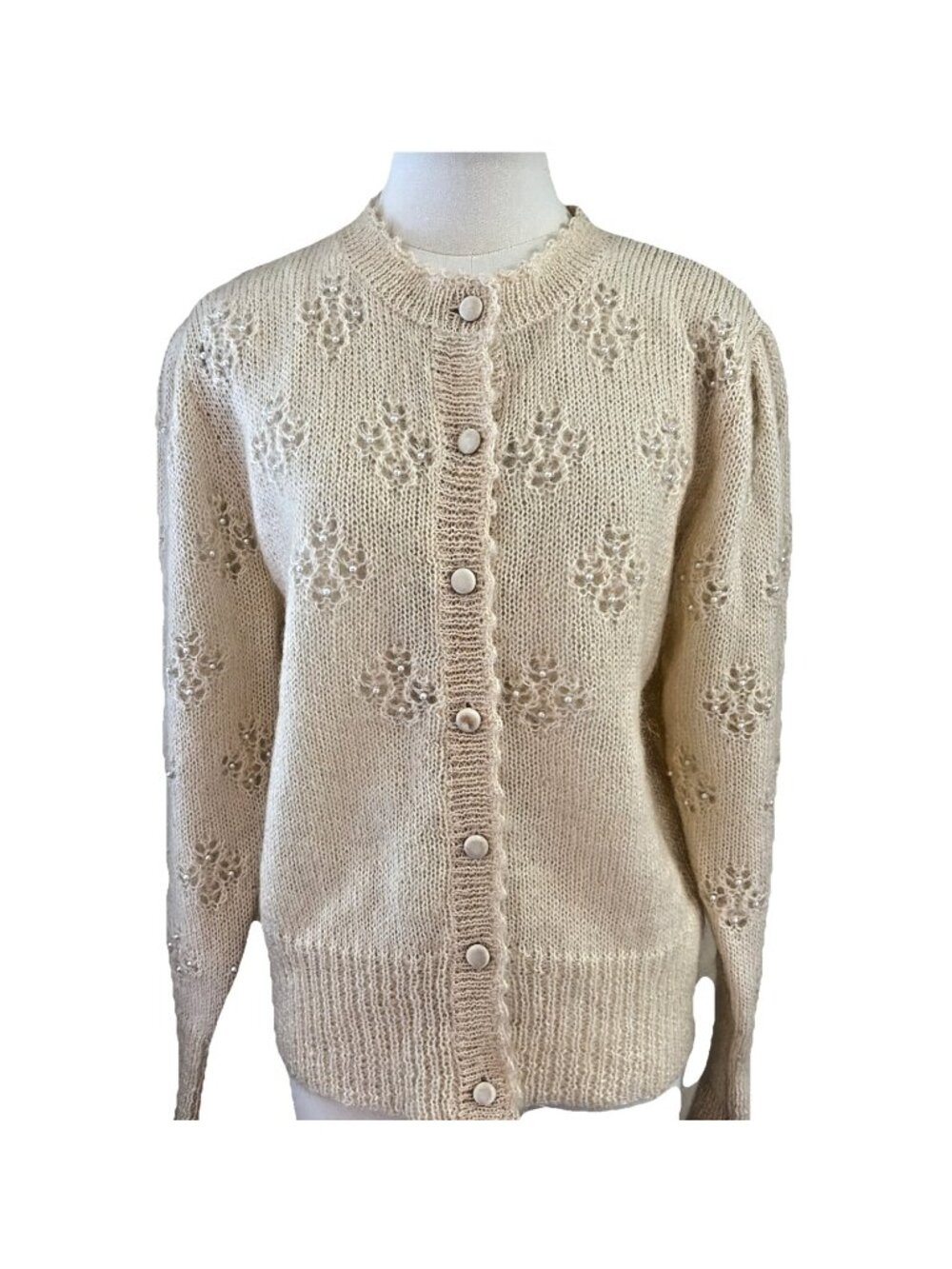 Vintage Carroll Reed Women's Mohair Blend Cardigan Size M Pointelle Knit Pearls